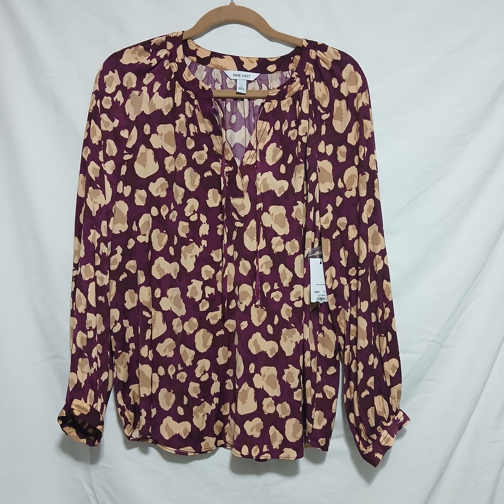 Nine West Animal Print Blouse Long Sleeve‎ Tie Neck Top Plum Purple L